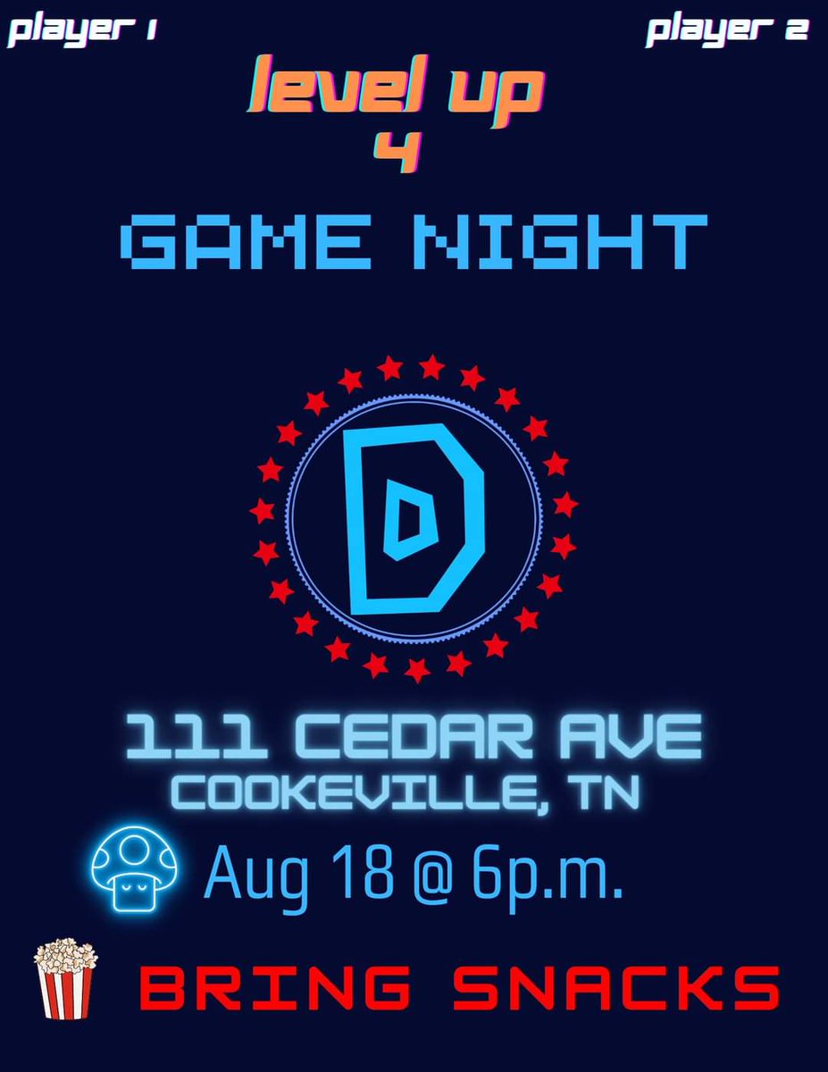 ***THIS Friday Aug. 18, 6PM 
@ 111 N. Cedar Ave.
**FREE**
-Ready Player 1, Ready Player 2...
-Join for a night of games, competition, and fellowship.
-Bring some snacks and hangout.
#pcdp #putnamcountydems #putnamcountytn #Cookeville #algood #baxter #monterey #demsdoitbetter
