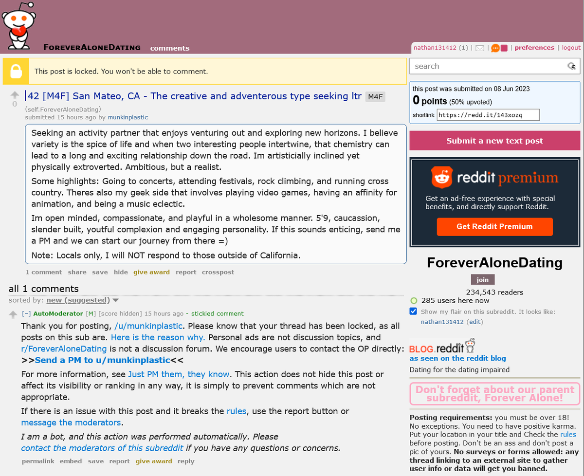 Agent_Butters_S's tweet photo. But if Mr. Munk does have a girlfriend, why was he posting in the ForeverAloneDating subreddit about looking for someone to be with? Four times between May and July of this year? That's a little bit sus if Agent Butters does say so! https://t.co/nKeLenZndG