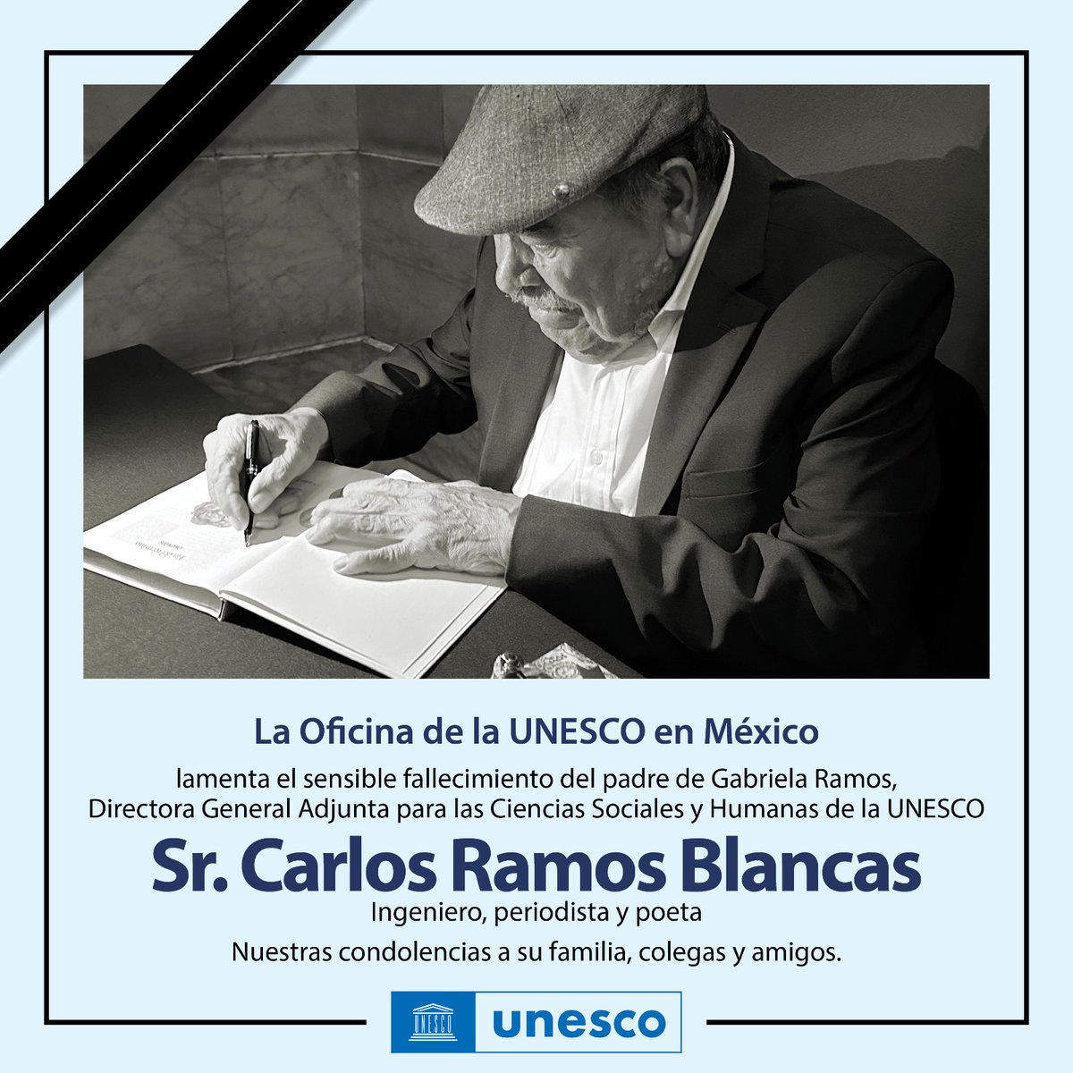 UNESCOMexico's tweet photo. Lamentamos el fallecimiento del Sr. Carlos Ramos, padre de @gabramosp. Extendemos nuestras condolencias a su familia, colegas y amigos. https://t.co/gb8318nmfi