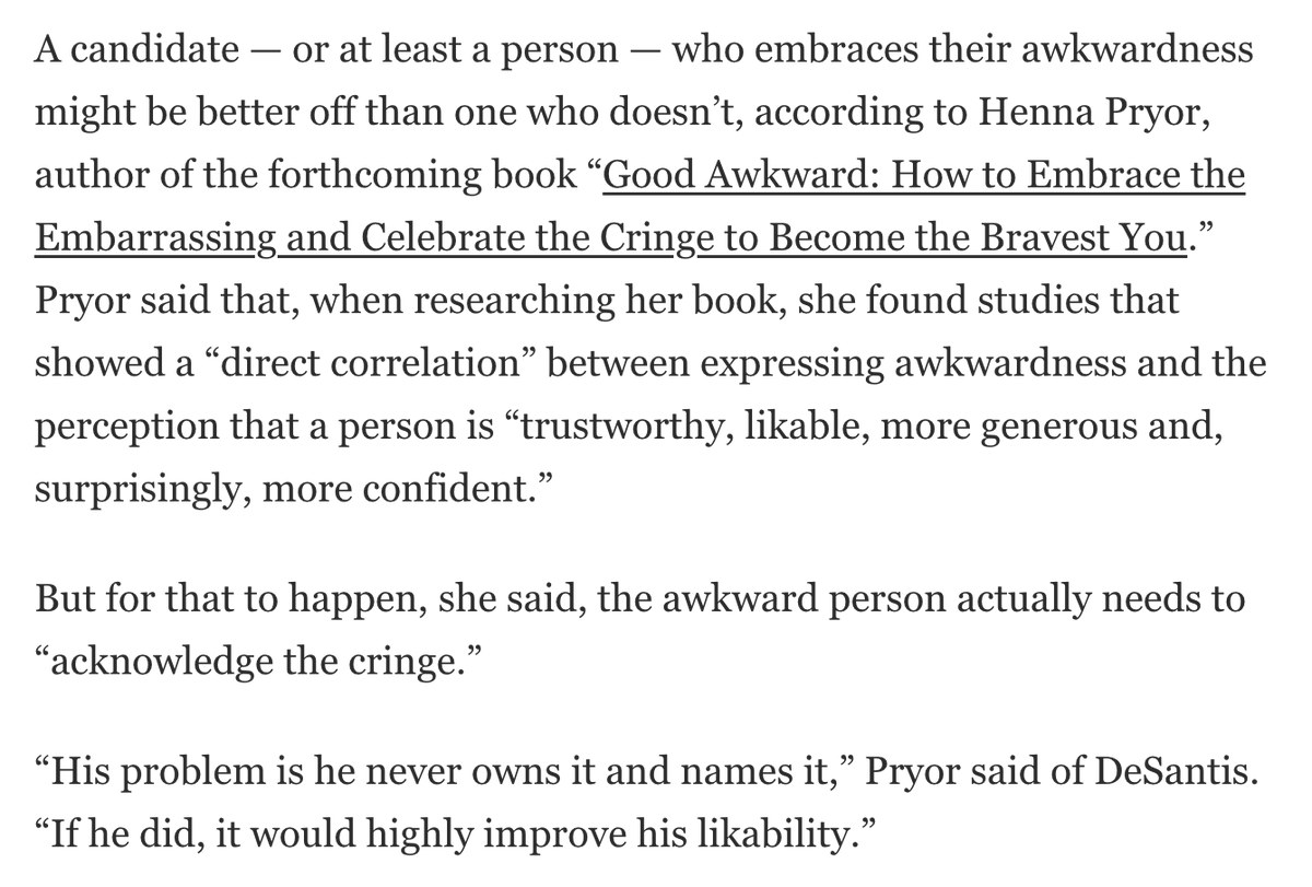 DeSantis is indeed awkward. But owning it, as the article suggests, requires acknowledging it. That can't happen because in the world of MAGA performative hypermasculinity, "awkwardness" = weakness, and somehow admitting it would be worse
washingtonpost.com/lifestyle/2023…
