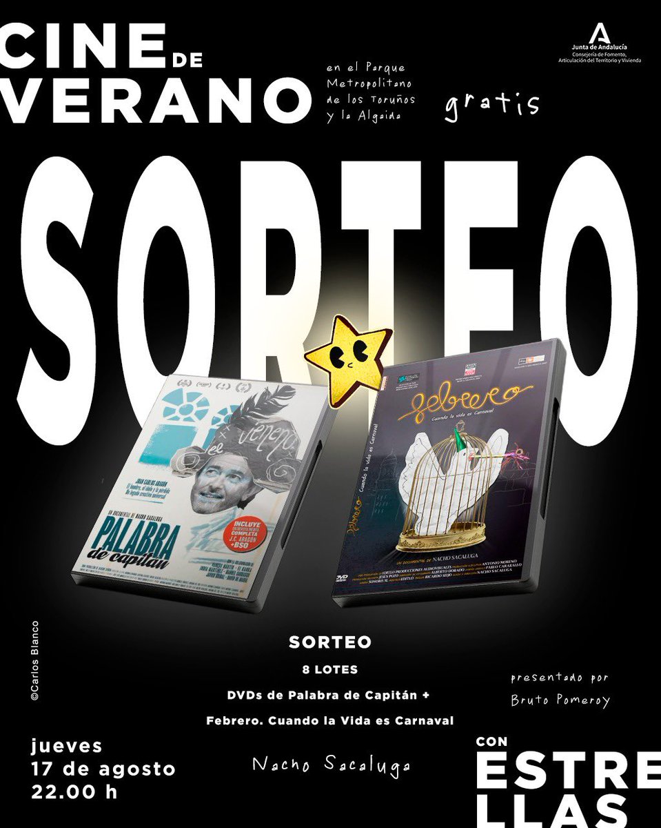 Esta tarde (17/08) a las 22:00, durante la proyección de <a href="/PalabraCapitan/">Pᴀʟᴀʙʀᴀ ᴅᴇ Cᴀᴘɪᴛᴀ́ɴ®</a> sortearemos regalitos…
Nos vemos en el Parque Metropolitano de Los Toruños (Valdelagrana. Puerto de Santa María -Cádiz-)