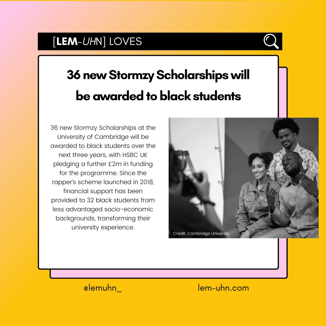 🍋🍋𝑳𝒆𝒎-𝒖𝒉𝒏 𝑳𝒐𝒗𝒆𝒔🍋🍋

36 new Stormzy Scholarships at the University of Cambridge will be awarded to black students over the next three years.

#positivenews #feelgoodnews