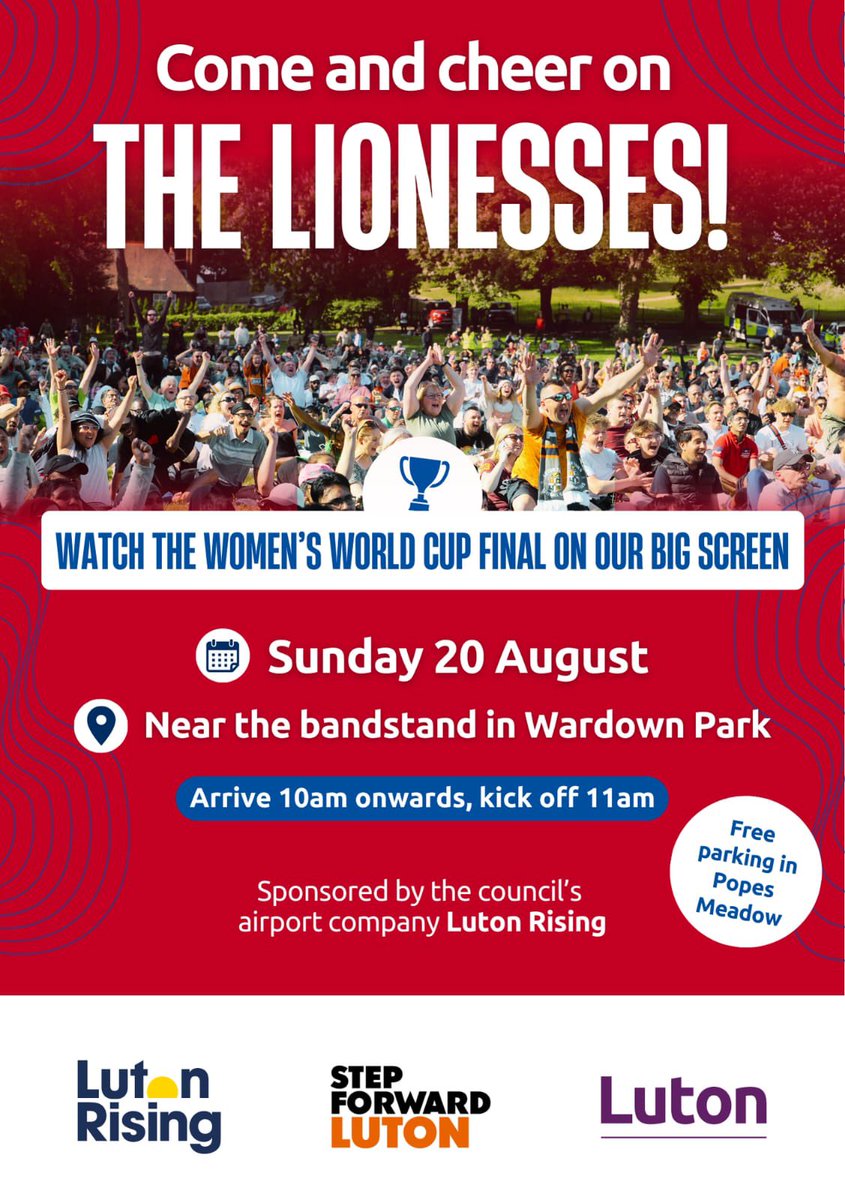 Luton Social Justice Unit (@lutonsju) on Twitter photo It’s absolutely free for all families to comedown and watch the Lionesses on a BIG SCREEN at Wardown Park this Sunday! <a href="/lutonsdeadpool/">Luton's Deadpool</a> <a href="/JavedHu28580817/">Javed Hussain @Luton</a> <a href="/YaqubHanif/">Cllr Yaqub Hanif</a> <a href="/CllrMaria/">Cllr Maria Lovell</a> @CllrUmmeAli <a href="/fatimabegumlut/">Fatima Begum</a> @HannanAli1_ @alia_khann1 @Javeria79H <a href="/Kiwiadam14/">Adam Kearney</a> <a href="/CYCD_Luton/">CYCD-Luton</a> <a href="/MarySeacoleHA/">Mary Seacole Housing Association</a> It’s absolutely free for all families to comedown and watch the Lionesses on a BIG SCREEN at Wardown Park this Sunday! <a href="/lutonsdeadpool/">Luton's Deadpool</a> <a href="/JavedHu28580817/">Javed Hussain @Luton</a> <a href="/YaqubHanif/">Cllr Yaqub Hanif</a> <a href="/CllrMaria/">Cllr Maria Lovell</a> @CllrUmmeAli <a href="/fatimabegumlut/">Fatima Begum</a> @HannanAli1_ @alia_khann1 @Javeria79H <a href="/Kiwiadam14/">Adam Kearney</a> <a href="/CYCD_Luton/">CYCD-Luton</a> <a href="/MarySeacoleHA/">Mary Seacole Housing Association</a>