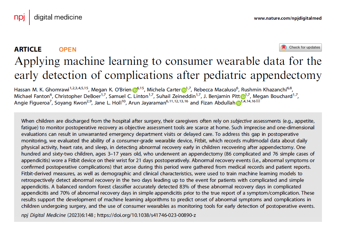 Measures derived from <a href="/fitbit/">fitbit</a> + patient characteristics are used to train #MachineLearning models to detect abnormal recovery in children after appendectomy, with results supporting the use of remote monitoring for early detection of postop complications.
nature.com/articles/s4174…