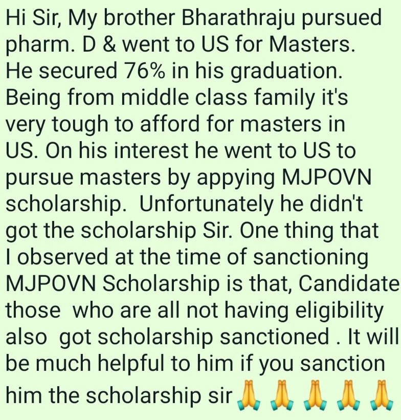 DBRaju13's tweet photo. @KTRBRS Sir, Kindly pls sanction the MJPOVN Scholarship to my brother. Candidates who all are not eligible also got the scholarship ship sanctioned. Why can't to my brother. Kindly look into this issue sir and do helpful to my brother career🙏.  @KTRoffice https://t.co/CAISnip17z