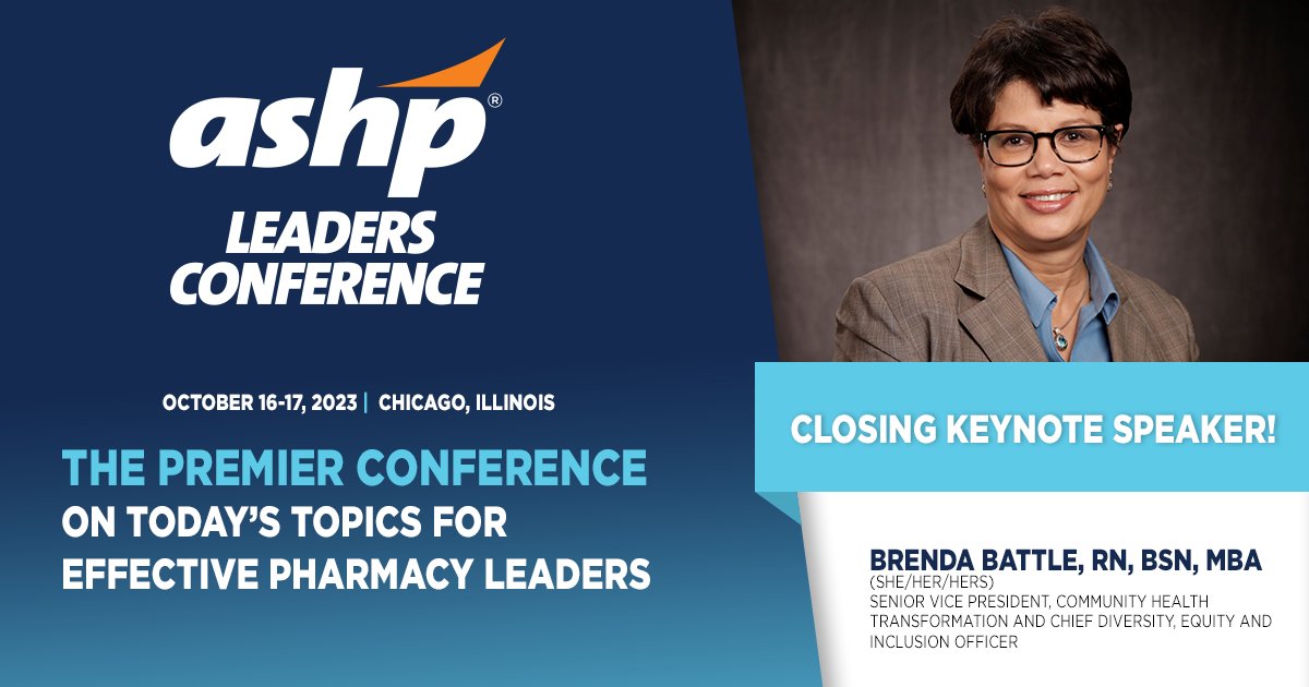 ASHPOfficial's tweet photo. Heading to #ASHPLeaders23? Don’t miss thought leader Brenda Battle, RN, BSN, MBA, present a session on how to connect your mission to tangible actions that can build joy in the workplace. Learn more and register: https://t.co/imOPvROnSM https://t.co/Aq7Qxkizyx