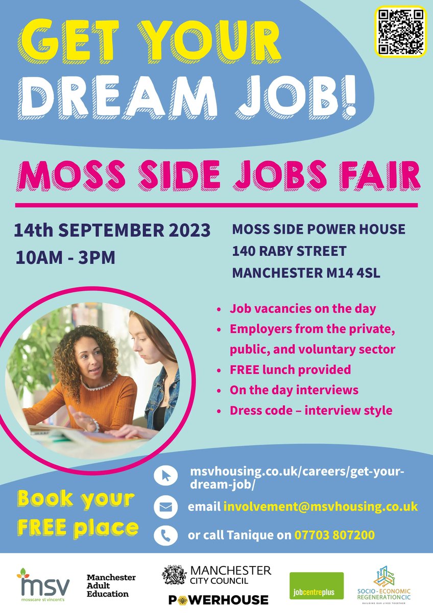 Calling #manchesterjobseekers! Head over to the Moss Side Jobs Fair @msmpowerhouse on 14th September 10am - 3pm - find live job vacancies, chat to employers and enjoy a free lunch. No need to book, just drop in! Visit 👉 buff.ly/45dHVUk #MossSideJobsFair #dreamjob