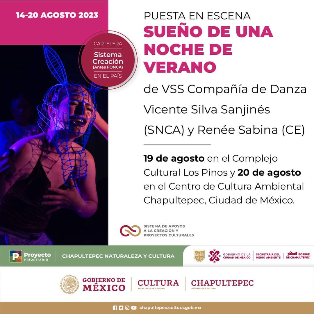 VSScompania's tweet photo. SUEÑO DE UNA NOCHE DE VERANO
Nos vemos este fin de semana en los espacios maravillosos del @CC_LosPinos 
ENTRADA LIBRE
Sábado 19: 14:00hrs.
Domingo 20: 12:00hrs.
#vsscompañíadedanza #entrénategratisconlavsscompañíadedanza #danzaparatodos #danzaentucasa #danzacontemporanea #teatro https://t.co/GHVYFC6zku