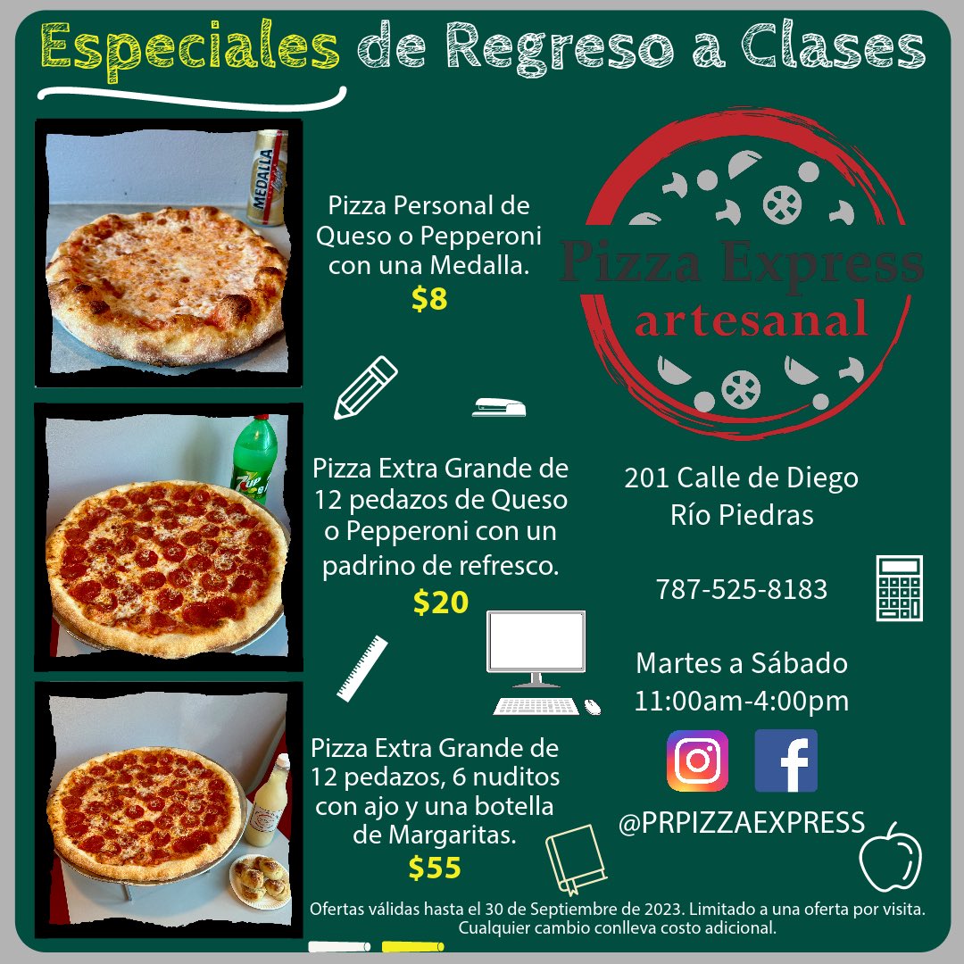 Especiales de regreso a clases. Aprovechalos.

#pzzxprss #pizza #calzone #nuditosdeajo #artesanal #nystyle #puertorico #sanjuan #riopiedras #paseodediego #paseodelarte #ubereats #comelocal #smallbusiness #descuento #Pizzapr #pizzalover #pizzatime #pizzagram #pizzaslice #nypizza