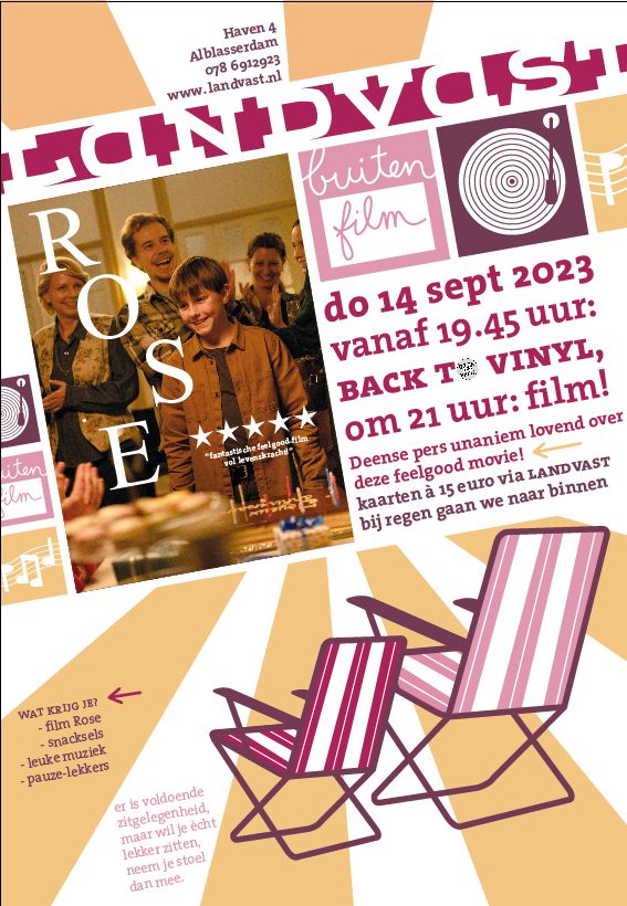 Een van de activiteiten van het Alblasserdamse <a href="/havenfestival1/">Havenfestival</a> is de buitenfilm. En ook dit jaar ontbreekt deze niet.

Op donderdag 14 september is het zover, met de feelgoodfilm Rose.
Tickets zijn vanaf nu te bestellen via:
landvast.nl/movies/2566/17…

#buitenfilm #landvast #zinin