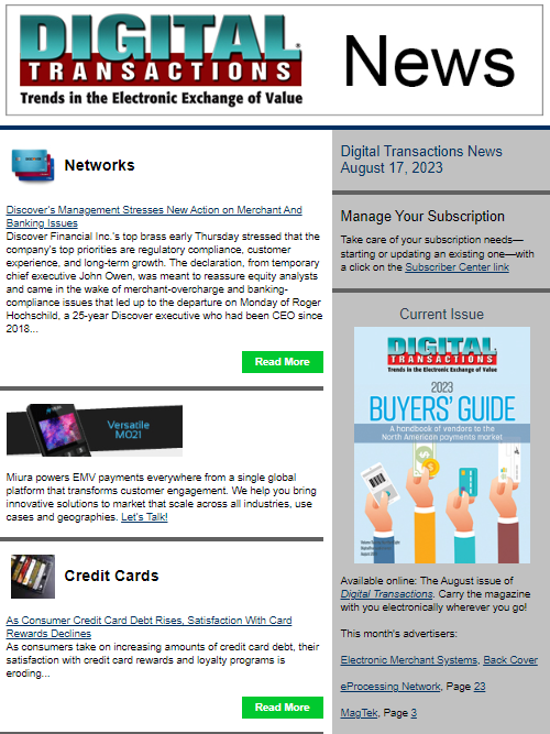 DTPaymentNews's tweet photo. Today’s Digital Transactions News: Discover Offers Reassurance; More Card Debt, Less Card Satisfaction; Debit Use up 1% in 2022
https://t.co/xjxTfmmXYz
#payments #Discover #overcharging #merchants #CEOsearch #creditcards #cardrewards #debitcards #debituse #digitalwallets https://t.co/IoxwXJsn9O