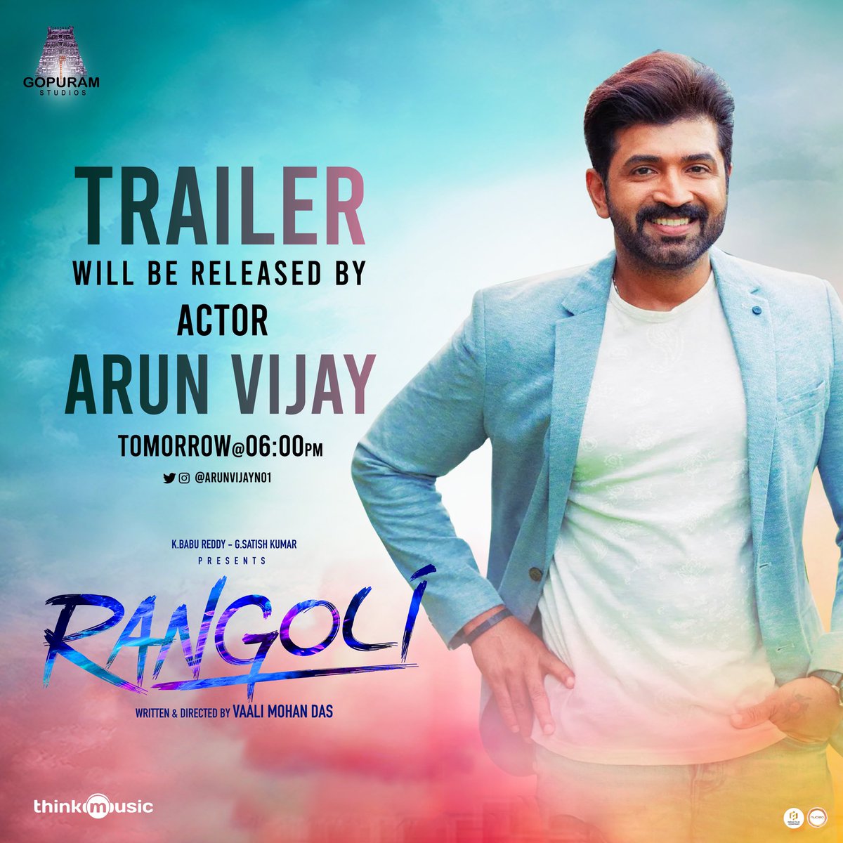 வாலி மோகன் தாஸ் (@vaali_mohandas) on Twitter photo Get set for a visual treat! Actor <a href="/arunvijayno1/">ArunVijay</a>, all set to drop the #RangoliTrailer at 6PM Tomorrow ✨️
<a href="/SatishKumarG18/">Satish Kumar G</a>
<a href="/vaali_mohandas/">வாலி மோகன் தாஸ்</a>
#hamaresh
<a href="/Sashiprabha33/">SaiShri</a>
<a href="/akshaya__31/">akshaya hariharan</a>
<a href="/amitbhargav12/">Amit Bhargava</a>
<a href="/SundaramurthyKS/">Sundaramurthy KS</a>
<a href="/dopmaruthu/">Maruthanayagam</a>
@edisatis
@velwriter
<a href="/thinkmusicindia/">Think Music</a> Get set for a visual treat! Actor <a href="/arunvijayno1/">ArunVijay</a>, all set to drop the #RangoliTrailer at 6PM Tomorrow ✨️
<a href="/SatishKumarG18/">Satish Kumar G</a>
<a href="/vaali_mohandas/">வாலி மோகன் தாஸ்</a>
#hamaresh
<a href="/Sashiprabha33/">SaiShri</a>
<a href="/akshaya__31/">akshaya hariharan</a>
<a href="/amitbhargav12/">Amit Bhargava</a>
<a href="/SundaramurthyKS/">Sundaramurthy KS</a>
<a href="/dopmaruthu/">Maruthanayagam</a>
@edisatis
@velwriter
<a href="/thinkmusicindia/">Think Music</a>