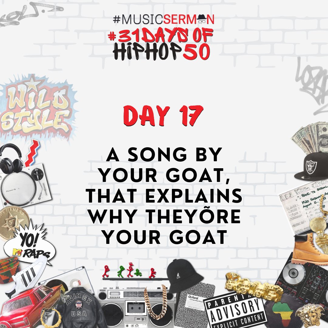 naima's tweet photo. We all have our personal Top 5 dead or alive lists, even if they change depending on when you ask us.
For Day 17 of #31DaysOfHipHop50, share a track by your GOAT, that exemplifies *why* they're your GOAT. 🐐 https://t.co/4uLfDPdGSh