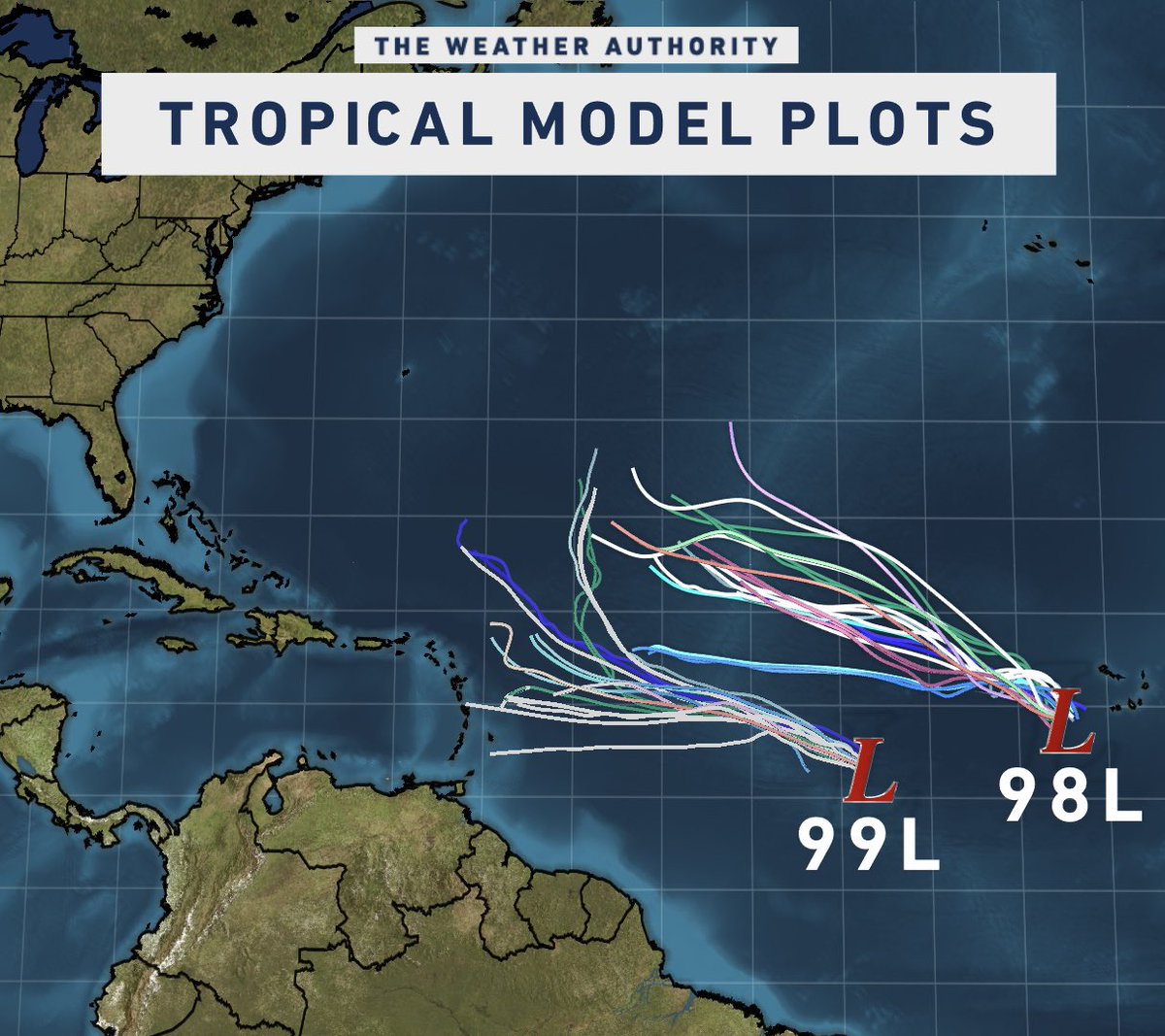 Latest model plots for Invest 98L & Invest 99L Each will be moving into a more favorable environment for development over the next several days. Our next names up would be #Emily and #Franklin.
