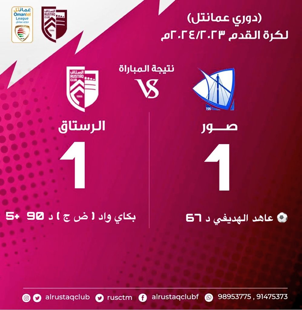 RusFaw's tweet photo. دوري عمانتل لكرة القدم
الأسبوع الأول
صور VS الرستاق
🧭 نهاية المباراة
صور 1
⚽️ عاهد الهديفي د 67

الرستاق 1
بكاي واد   ( ضربة جزاء ) د 90  +5 https://t.co/BsFzdI7mjN