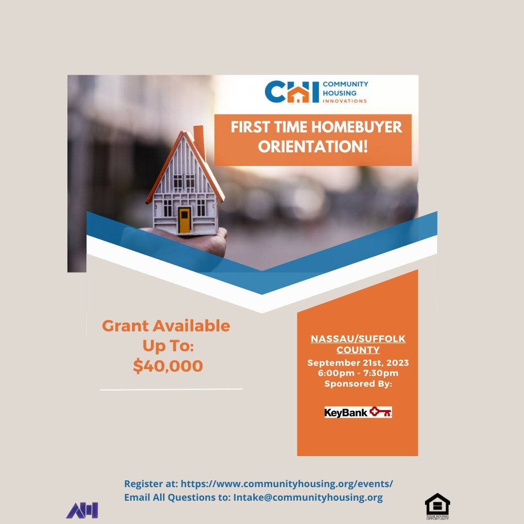 CHI_Community's tweet image. Looking to purchase a home on Long Island?

Join us on 9/21/23 to learn how CHI can help you achieve your dream of homeownership.

Register today: communityhousing.org/events/
#Homeownership #FirstTimeHomeowner #HomeBuyer