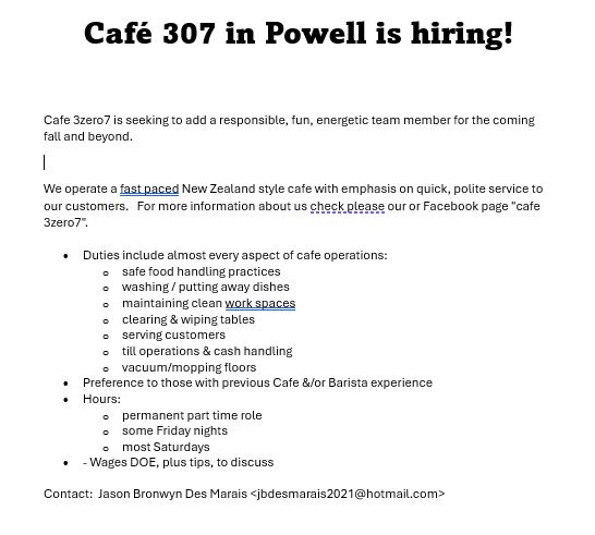 Cafe 307 is hiring for long-term, part-time employee in Powell.