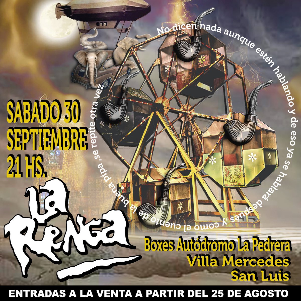 larenga's tweet photo. La Renga
Sábado 30 de septiembre 21hs
Boxes Autódromo La Pedrera
Villa Mercedes - San Luis
Entradas en venta a partir del 25 de agosto
#larenga https://t.co/zkEsrJy7KV