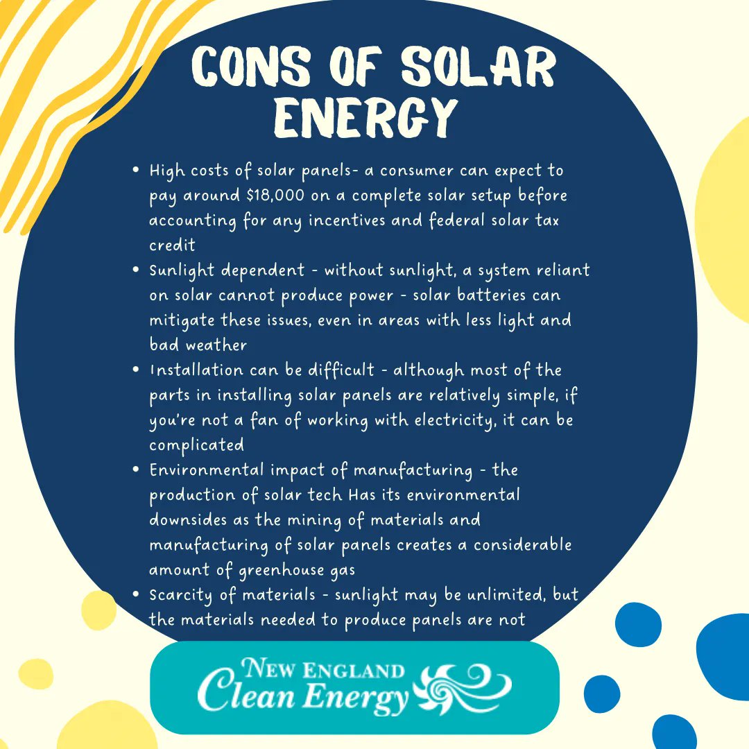 NE_Clean_Energy's tweet image. When considering purchasing a solar system, the first thing a customer should understand is the pros and cons of solar energy! New England Clean Energy’s guide to solar energy is here to help you determine if solar energy is right for you and your property. ☀️
#solartips #solar