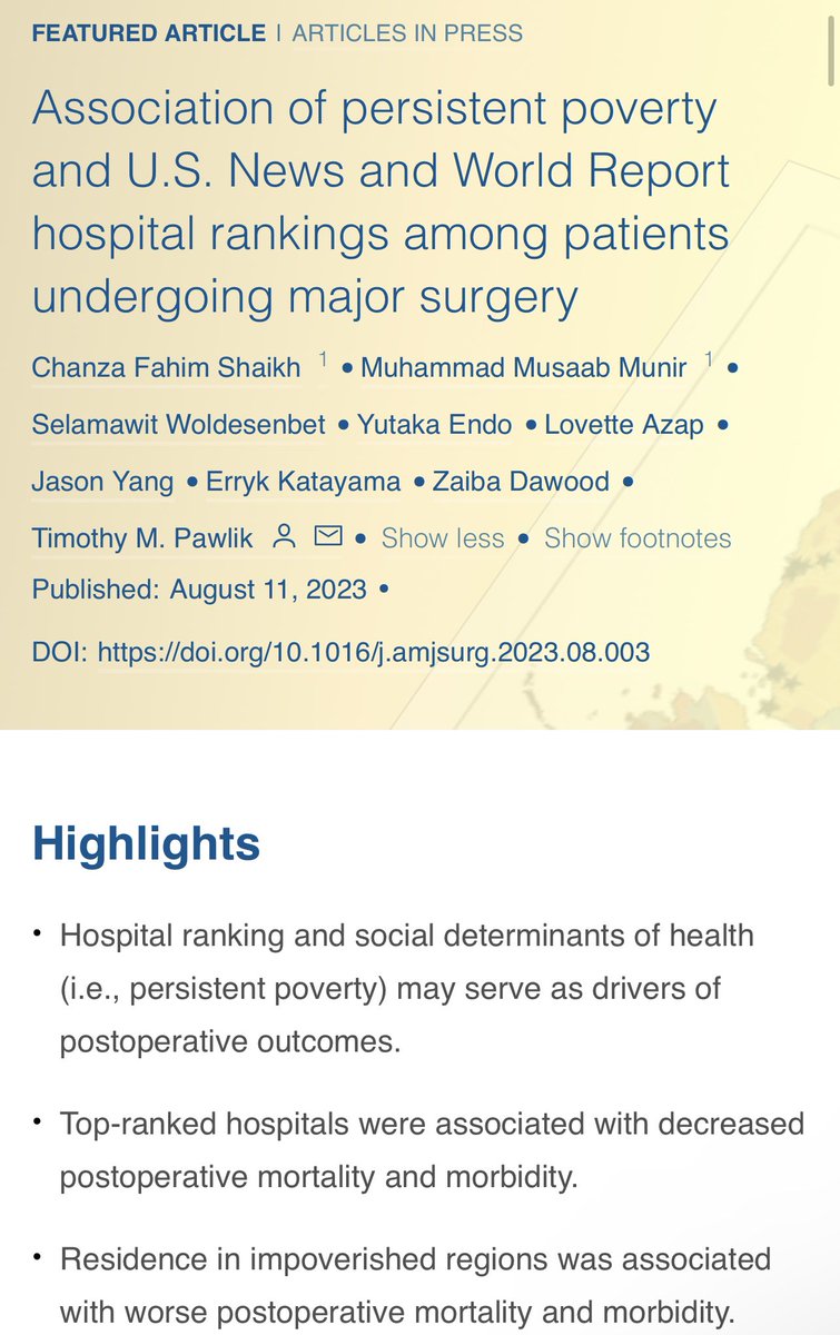 musaabmunir's tweet photo. Happy to share our research group’s latest work on the association between #persistentpoverty and US News and World Report hospital #rankings on surgical #outcomes published in @AmJSurgery! Blessed to work with such a great team @timpawlik @cfshaikh 💪
https://t.co/CadXUwyDc2 https://t.co/58Ex2IDdtA