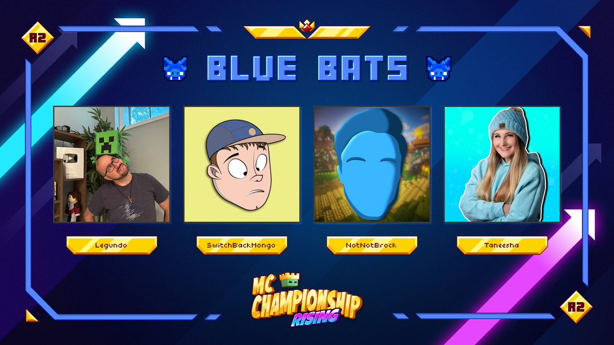 MCChampionship_'s tweet photo. 👑 Announcing team Blue Bats 👑

@Legundo @SwitchBackMongo @NotNotBrock @taneeshahogan

Watch them in MCC on Saturday 26th August at 8pm BST/3pm EDT! https://t.co/a7WnbVxmw9