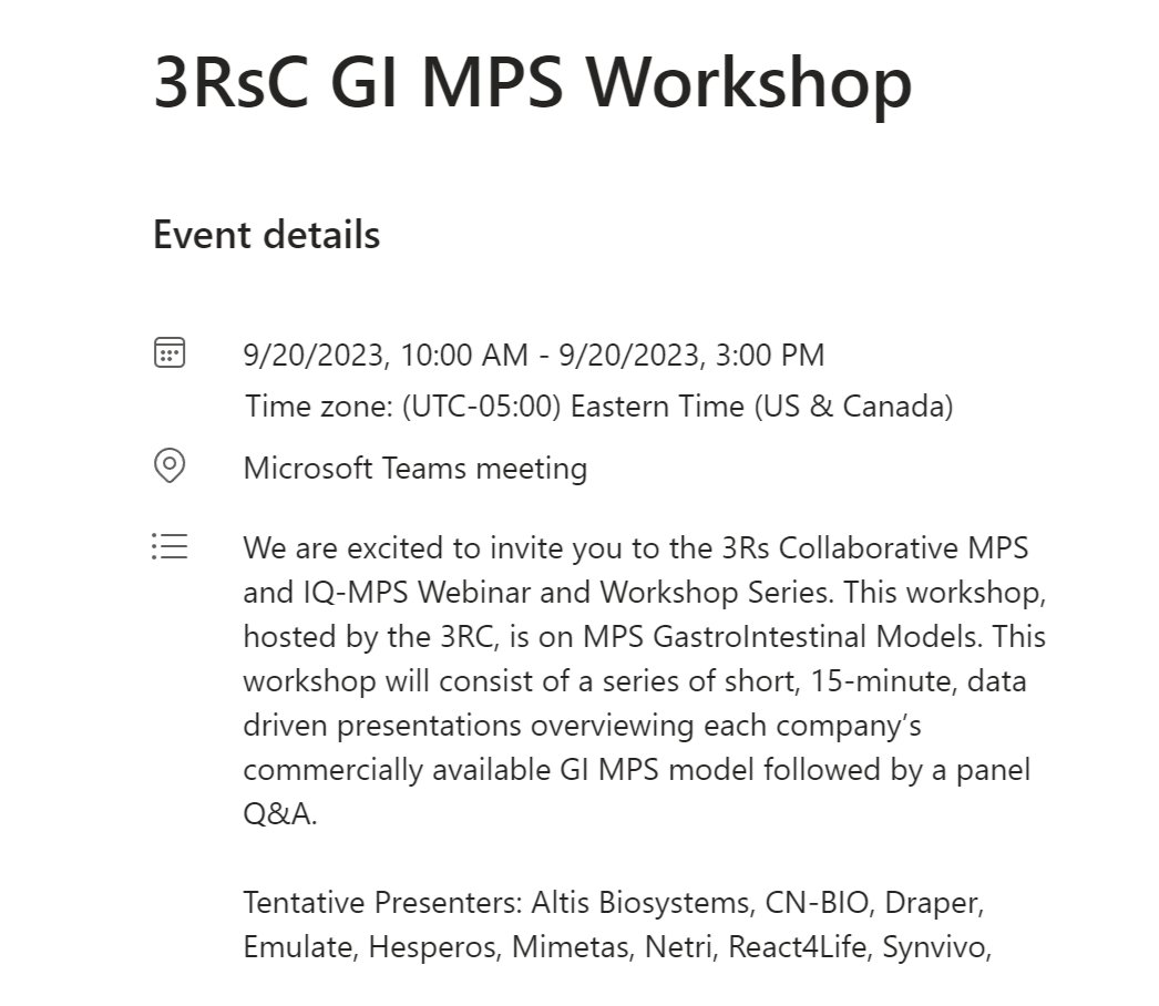 The 3RsC and the IQ Consortium MPS have partnered to host a series of organ-specific MPS webinars. We are excited to host our next workshop on September 20th on GI MPS! Register here: teams.microsoft.com/registration/7…