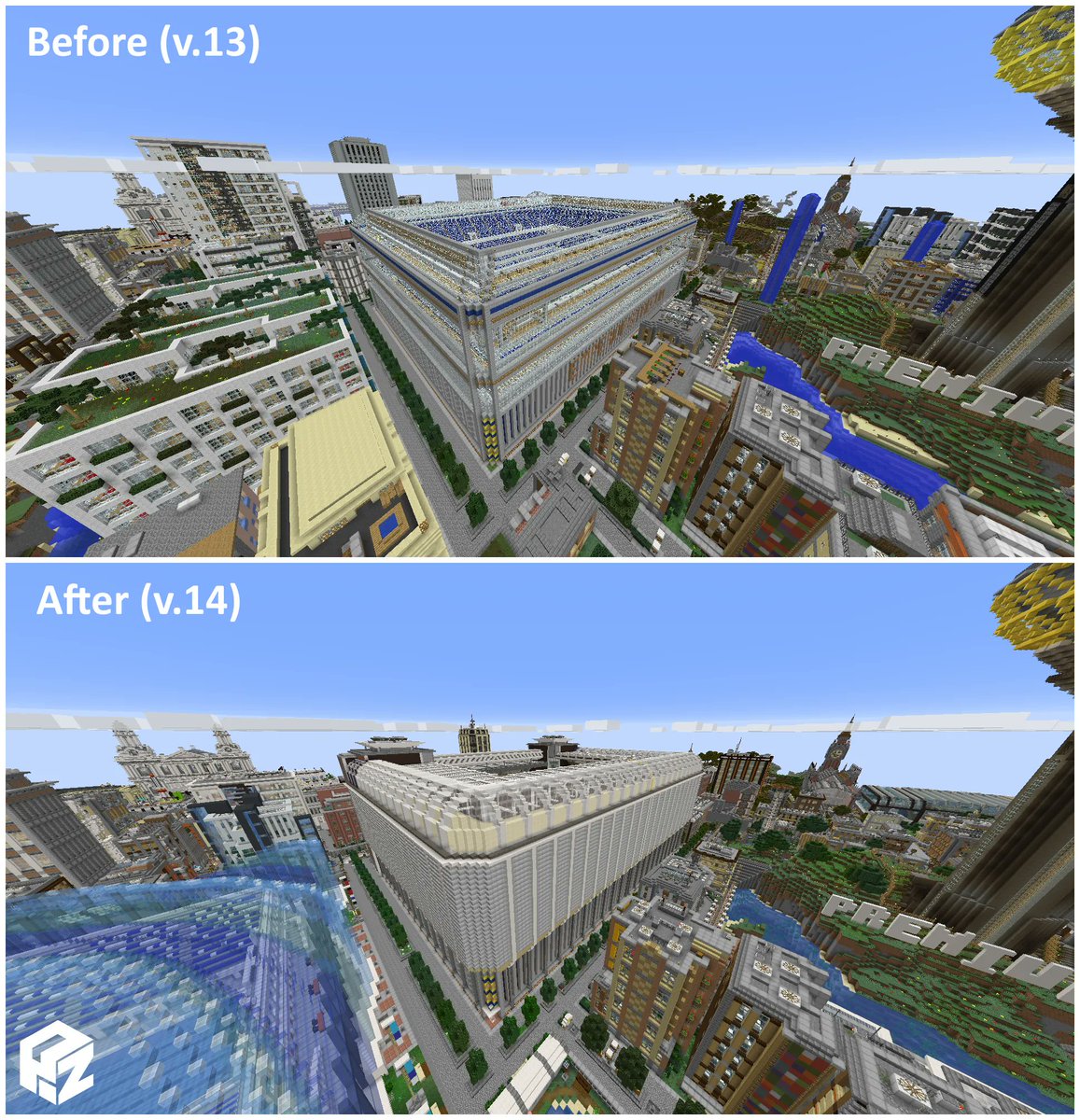 ProjectZearthMC's tweet photo. Before and after shot of Emperor Stadium in Premium city. Render by Insomniac. 

#minecraft #minecraftbuilds #minecraftbuild #minecraftonly #minecraftbuildings #minecraftbuild #minecraftbuilder #mcbuilds #minecraftdesigns #minecraftcreations #mc #minecrafttutorials #projectzearth https://t.co/Qp9OnHpfjJ