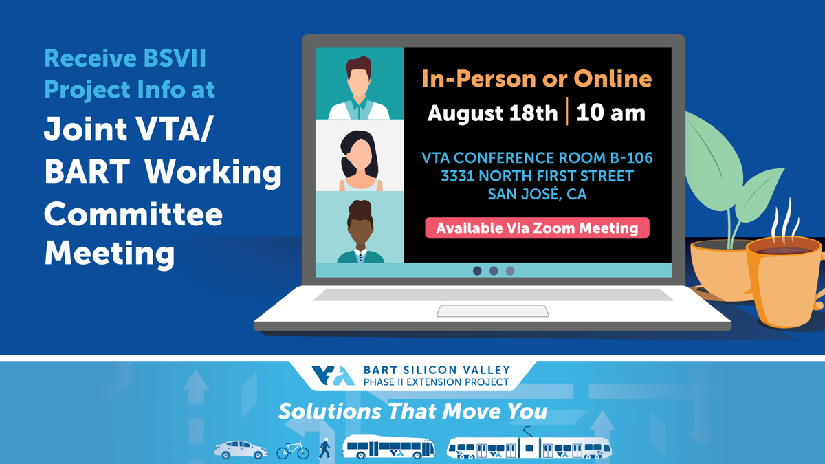 vtabsv2's tweet image. Tune in to the upcoming Joint VTA/BART Working Committee Meeting this Friday at 10 am. The meeting will be in-person and streamed through Zoom: bit.ly/3KF8KbS 
#Hellovta #bartsiliconvalley #vtabsvii #vtabsv2