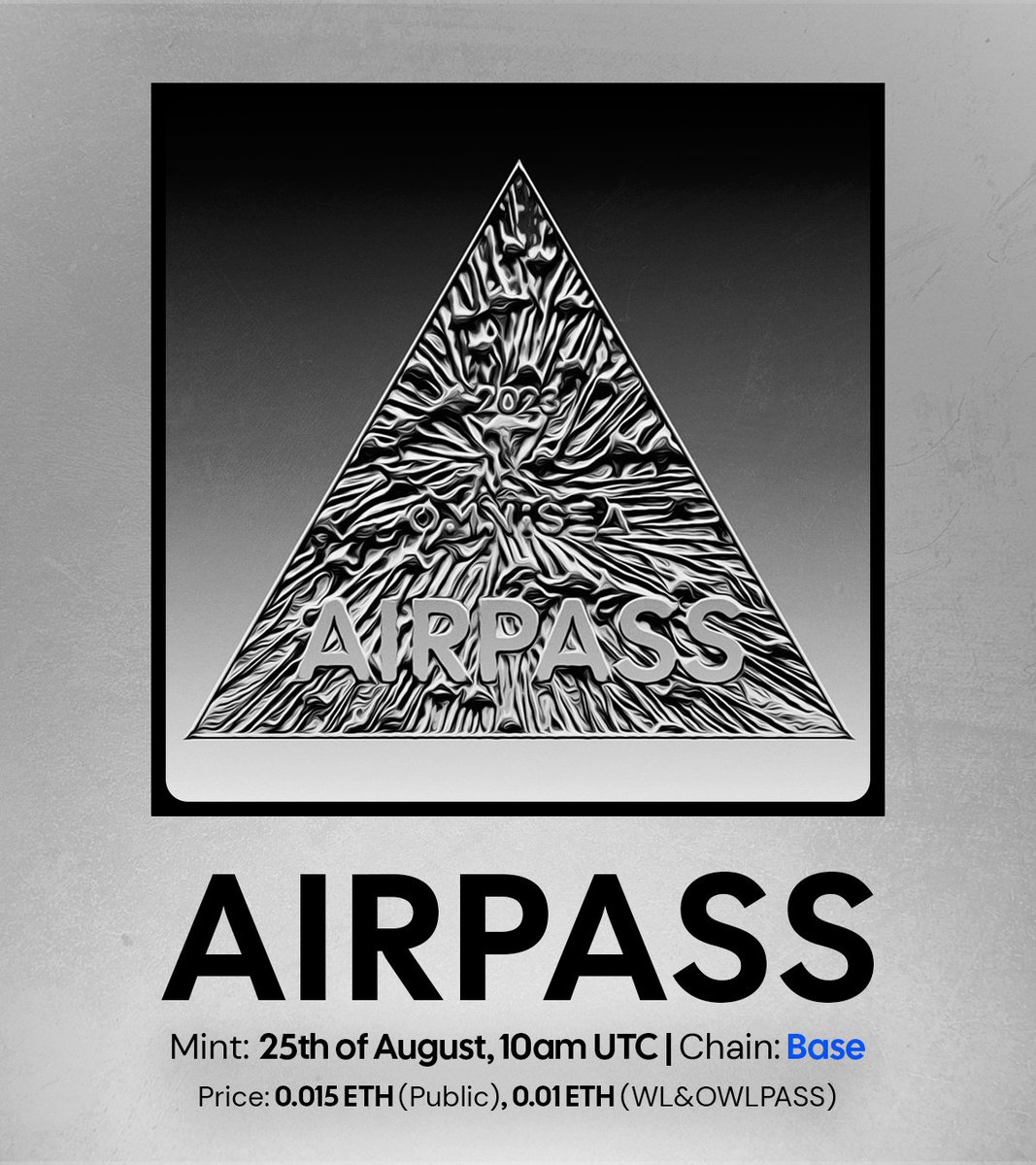 Omnisea (@omnisea) on Twitter photo 📢 AIRPASS Mint: 25th of August, 10 am on <a href="/BuildOnBase/">Base Build</a> 🟡
Price for WL and OWLPASS Holders: 0.01 ETH. Public price: 0.015 ETH.
🎊 25 WL GIVEAWAY + one address will get AIRPASS NFT 🥳
❤️ Like&RT
🤝 Tag Friends
🏁 22nd of August
#OnchainSummer 📢 AIRPASS Mint: 25th of August, 10 am on <a href="/BuildOnBase/">Base Build</a> 🟡
Price for WL and OWLPASS Holders: 0.01 ETH. Public price: 0.015 ETH.
🎊 25 WL GIVEAWAY + one address will get AIRPASS NFT 🥳
❤️ Like&RT
🤝 Tag Friends
🏁 22nd of August
#OnchainSummer