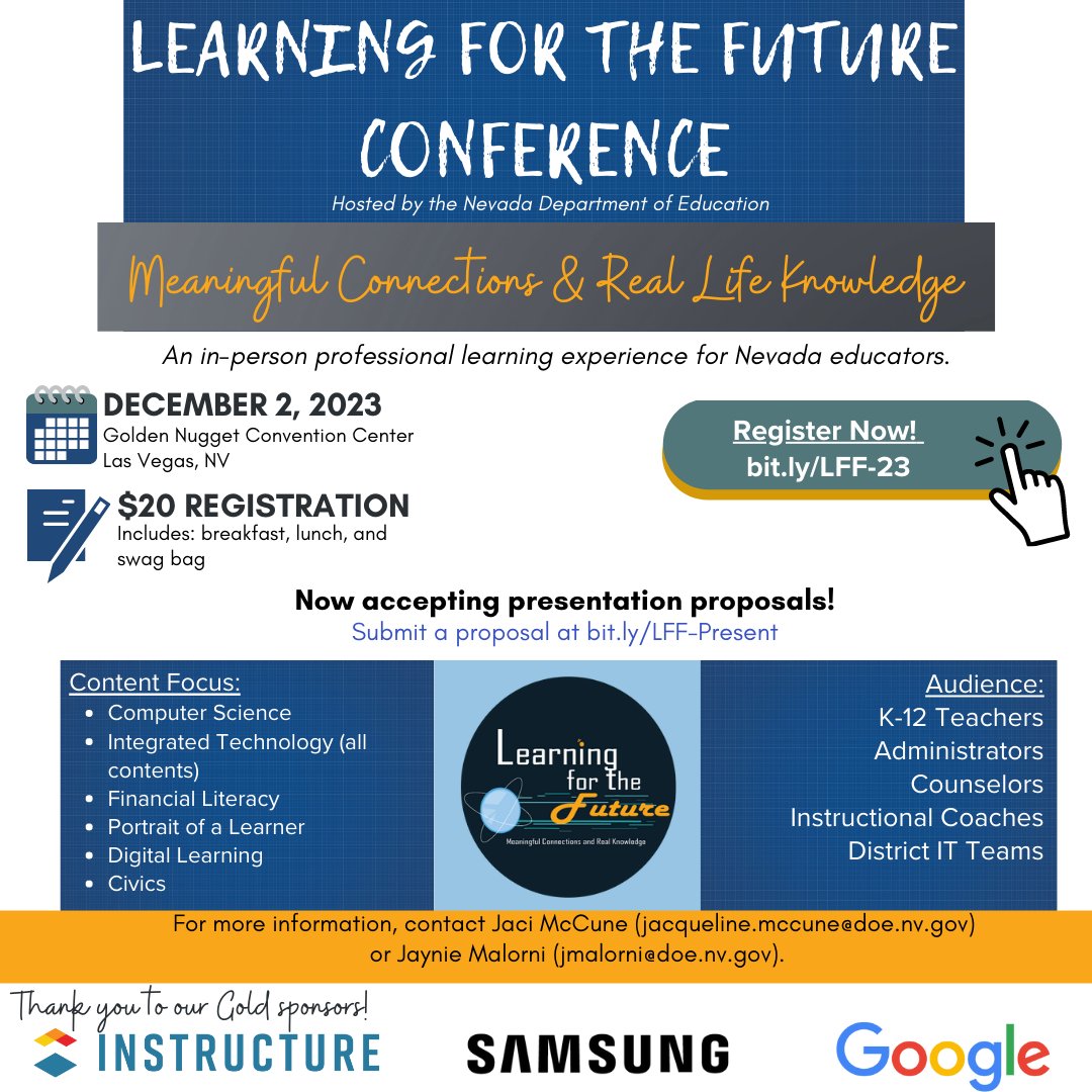 Join us on December 2nd at the inaugural Learning for the Future Conference, held in person at the Golden Nugget in Las Vegas. National keynote speakers, session variety, meals, and raffle prizes await! Register today to guarantee your spot at bit.ly/LFF-23.