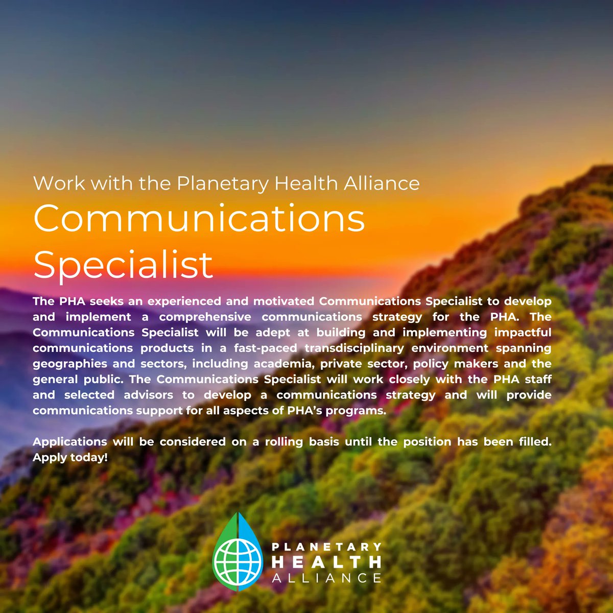 ph_alliance's tweet photo. ✨ Job Opportunity in Washington, DC
➡️ The PHA Communications Specialist will work closely with secretariat staff and advisors to implement #CommunicationsStrategy and provide support for all aspects of our programs. Read more and apply here: https://t.co/LIAt4mrUBf https://t.co/3tdwuTLnCH