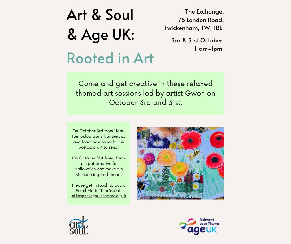 artandsoulorg's tweet photo. This October, Art &amp; Soul will team up with @AgeUKRichmond to host wellbeing art sessions in Twickenham.

Led by artist Gwen, Rooted in Art invites you to get creative on October 3rd and 31st.

Please email Marie-Thérèse at
mt.keegan@ageukrichmond.org.uk to book. https://t.co/NljYBNVZXe