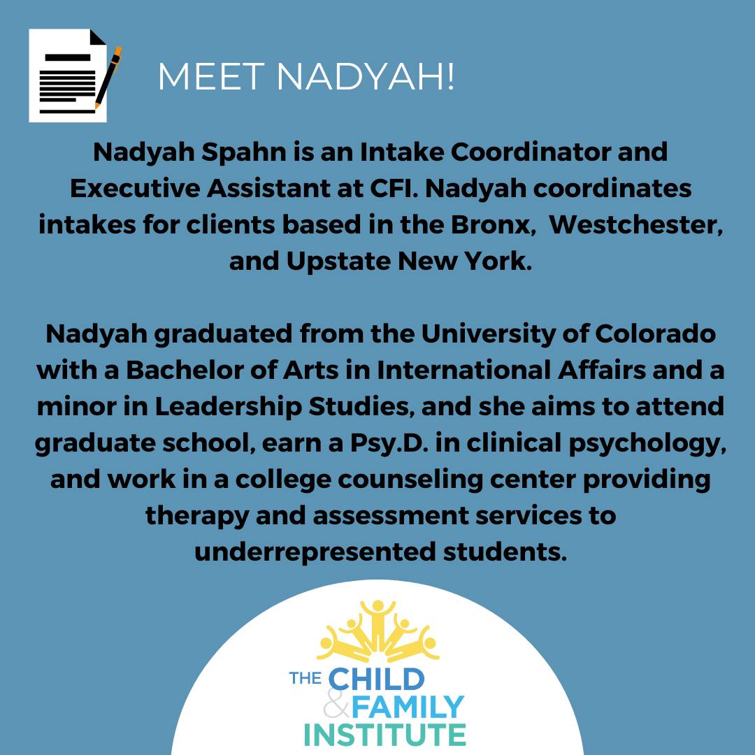 Intake Coordinator Spotlight: Meet Nadyah Spahn! Welcome to the CFI Family, Nadyah.

#EvidenceBasedCareForAll #ChildFamilyInstitute #HelpingEveryChildThrive #cognitivebehavioraltherapy #cbt #childtherapy