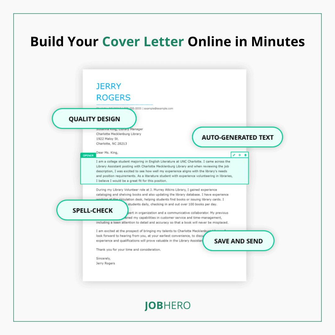 JobHeroHQ's tweet photo. Say goodbye to cover letter stress! Whether you're an aspiring engineer or a marketing guru, we suggest tailored content for your job title to create a targeted letter in no time: https://t.co/GPFth6cLeG 

#Jobs #JobSearch #JobSeekers #CoverLetter #JobHero https://t.co/nnKZmkaMvC
