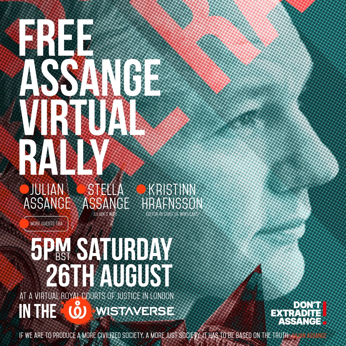 Very proud to announce that a global rally for Julian Assange will be happening on august 26th (5pm BST) in the Wistaverse!

Organized by the Assange campaign team <a href="/DEAcampaign/">The Don't Extradite Assange Campaign Has Moved</a>, it has been the honor of our lifetime to help facilitate this event

Guest speakers will include