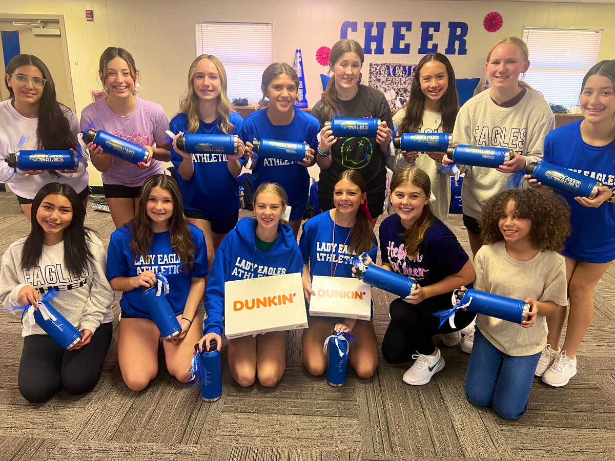 First morning cheer practice of the year means new water bottles and donuts!! 💙📣 Excited to start getting ready for our school’s first game! 🏈 <a href="/ACMS_Sports/">Arbor Creek Sports</a>