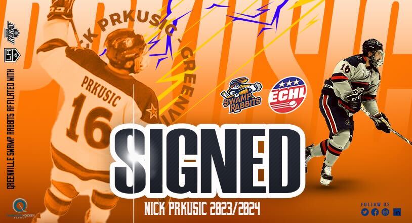 ✍️✅ 

Congrats to client Nick Prkusic 🇨🇦 for signing a contract with The <a href="/SwampRabbits/">Greenville Swamp Rabbits</a>, <a href="/ECHL/">ECHL</a>  for the 2023-24 season.

<a href="/quantum_hockey/">Quantum Hockey Agency</a> 

📸: <a href="/JustinBerlPhoto/">Justin Berl</a>