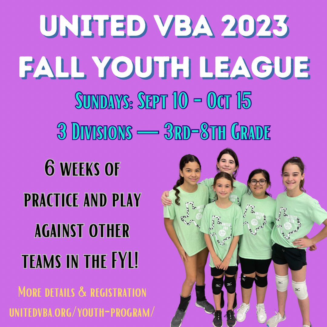 UnitedVba's tweet image. 💜🏐 The time is here for Fall Youth League for incoming 3rd-8th graders!! 6 Sundays of practice and play. ⚠️ More details at unitedvba.org/youth-program/ ⚠️

📧 Questions? Email unitedvba.youth@gmail.com 

#youthvb #unitedvba #uprep #vbtraining #youthleague