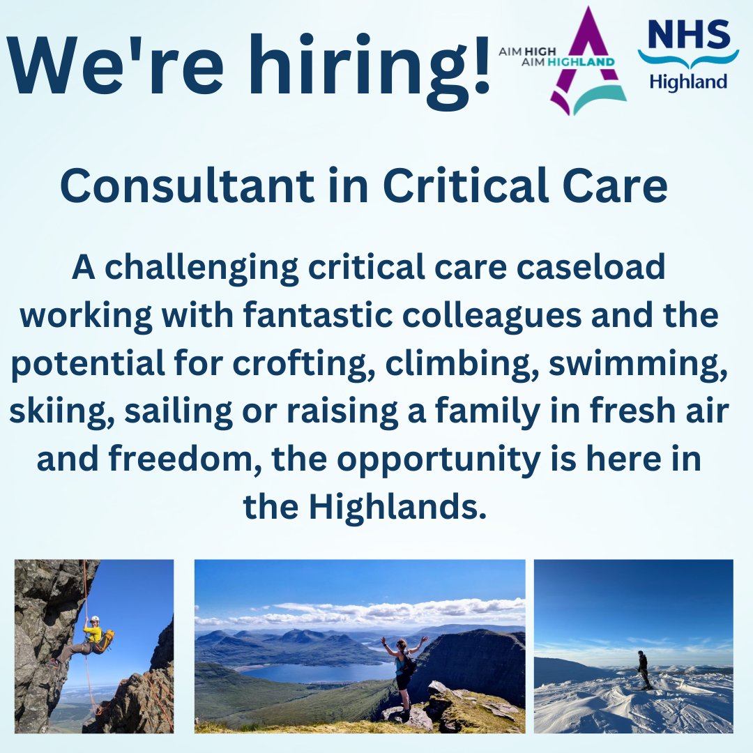 We're hiring!

Consultant in Critical Care

A challenging critical care caseload working with fantastic colleagues &amp; the potential for crofting, climbing, swimming, skiing, sailing or raising a family in fresh air &amp; freedom, the opportunity is here.  

👉 nhsh.scot/3sfDcDc