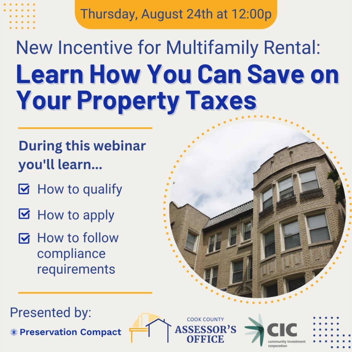 Join @PresCompact, CIC & @AssessorCook for a webinar on the Affordable Housing Special Assessment Program (AHSAP), offering property tax relief for Cook County multifamily housing. Qualification, application & compliance details will be covered. Sign up: bit.ly/3YCEKTQ