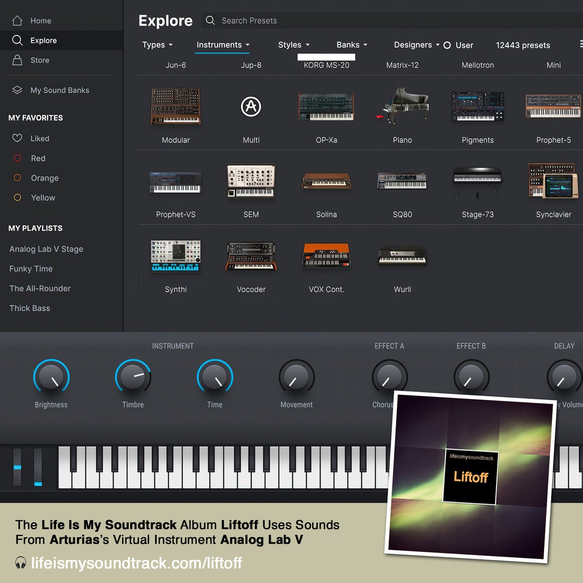 lifeismysndtrck's tweet image. The Life Is My Soundtrack album Liftoff uses sounds from Arturia’s virtual instrument Analog Lab V! Listen at lifeismysoundtrack.com/liftoff 🎧

#arturia #arturiaanaloglab #analoglabv #synthvst #vstplugins #musicproducerlife #musicislife  #listenandchill #lifeismysoundtrack