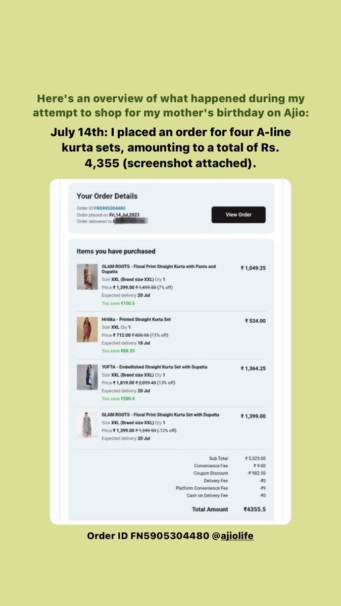 overatedoutcast's tweet photo. Disappointed with @Ajio’s service. Ordered 4 A-line kurta sets, none fit. Scheduled returns, all picked up &amp; quality-checked. Refund initiated, but then suddenly cancelled due to ‘operational issues.’ Feeling frustrated &amp; let down after trusting the brand. #Ajio #CustomerService https://t.co/eyfbuqd2lj
