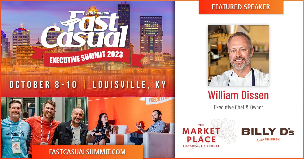 fastcasualexec's tweet photo. William Dissen, Executive Chef & Owner of @MarketPlaceAvl and @BillyDsChicken, will join us at Fast Casual Executive Summit 2023 as a panelist on the CEO Roundtable where he'll talk about what it will take to succeed in 2024 and beyond. #FCsummit https://t.co/11LT6haK6b