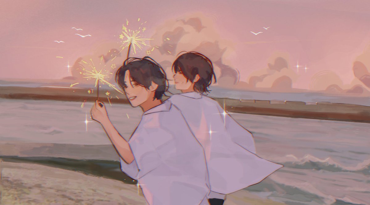 2boys multiple boys white shirt shirt sparkler fireworks smile  illustration images