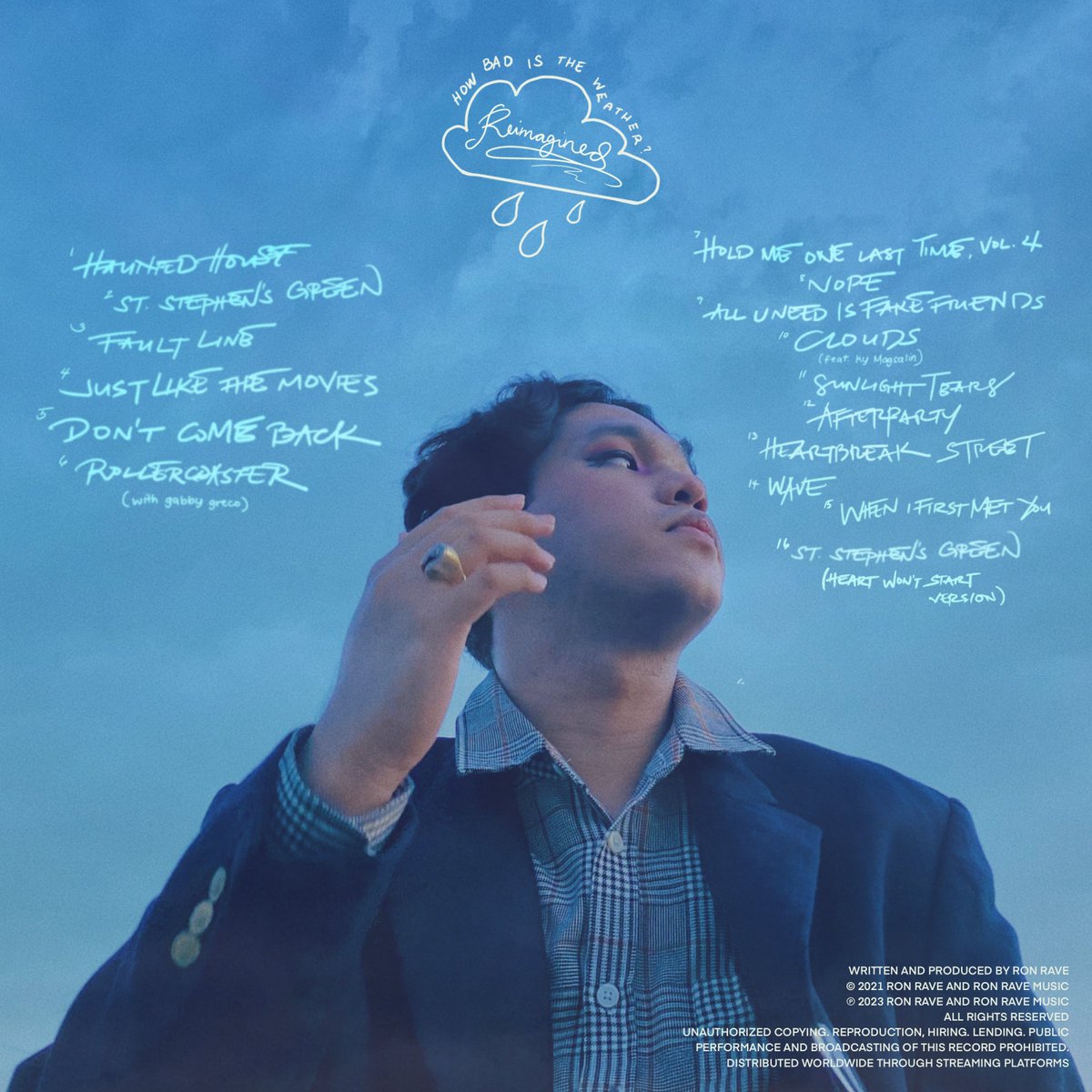 thisisronrave's tweet photo. 13 songs from the original + 3 more from my diaries, tonight they’re yours to keep forever. 

how bad is the weather? (reimagined) out now.

authentic, no more hesitations, just how bad is the weather they way it was supposed to be.

love,
R :) https://t.co/0IqXcCrzPF