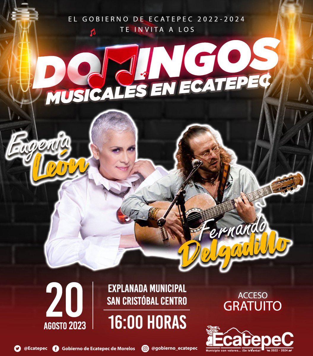 FerVilchisMx's tweet photo. #ACantar | Los #DomingosMusicales están de vuelta y con ellos la voz inigualable de la cantante mexicana, @EugeniaLeon y del trovador @DelgadilloFer, este próximo 20 de agosto, en la explanada municipal. ¡Asiste y divierte con toda tu familia!
#EcatepecEsCultura ✌🏽🙂 https://t.co/fHpGIZ38WC