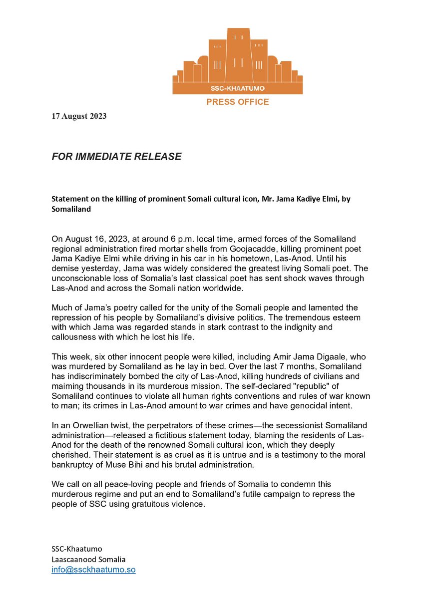 SSC-Khaatumo State House (@ssckhaatumo) on Twitter photo The newly elected SSC-Khatumo Administration issued a statement regarding the brutal killing of Somali cultural icon Jama Kadiye by Somaliland militias.
<a href="/TheVillaSomalia/">Villa Somalia</a> <a href="/US2SOMALIA/">U.S. Embassy Mogadishu, Somalia</a> <a href="/amnesty/">Amnesty International</a> <a href="/GaraadMukhtaar/">Garaad Mukhtaar Garaad Cali Buraale</a> <a href="/adammatan/">Adam Matan OBE</a> The newly elected SSC-Khatumo Administration issued a statement regarding the brutal killing of Somali cultural icon Jama Kadiye by Somaliland militias.
<a href="/TheVillaSomalia/">Villa Somalia</a> <a href="/US2SOMALIA/">U.S. Embassy Mogadishu, Somalia</a> <a href="/amnesty/">Amnesty International</a> <a href="/GaraadMukhtaar/">Garaad Mukhtaar Garaad Cali Buraale</a> <a href="/adammatan/">Adam Matan OBE</a>