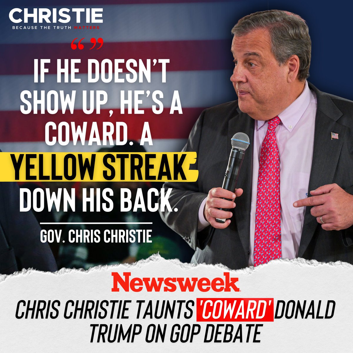 GovChristie's tweet photo. Less than a week away from the debate, and Donald Trump still hasnโt said if heโs got the guts to show up or not.
If he doesnโt, heโs a coward with a yellow streak all the way down his back.
Either way, Iโll be there telling the truth. https://t.co/XEKq7urQ5x