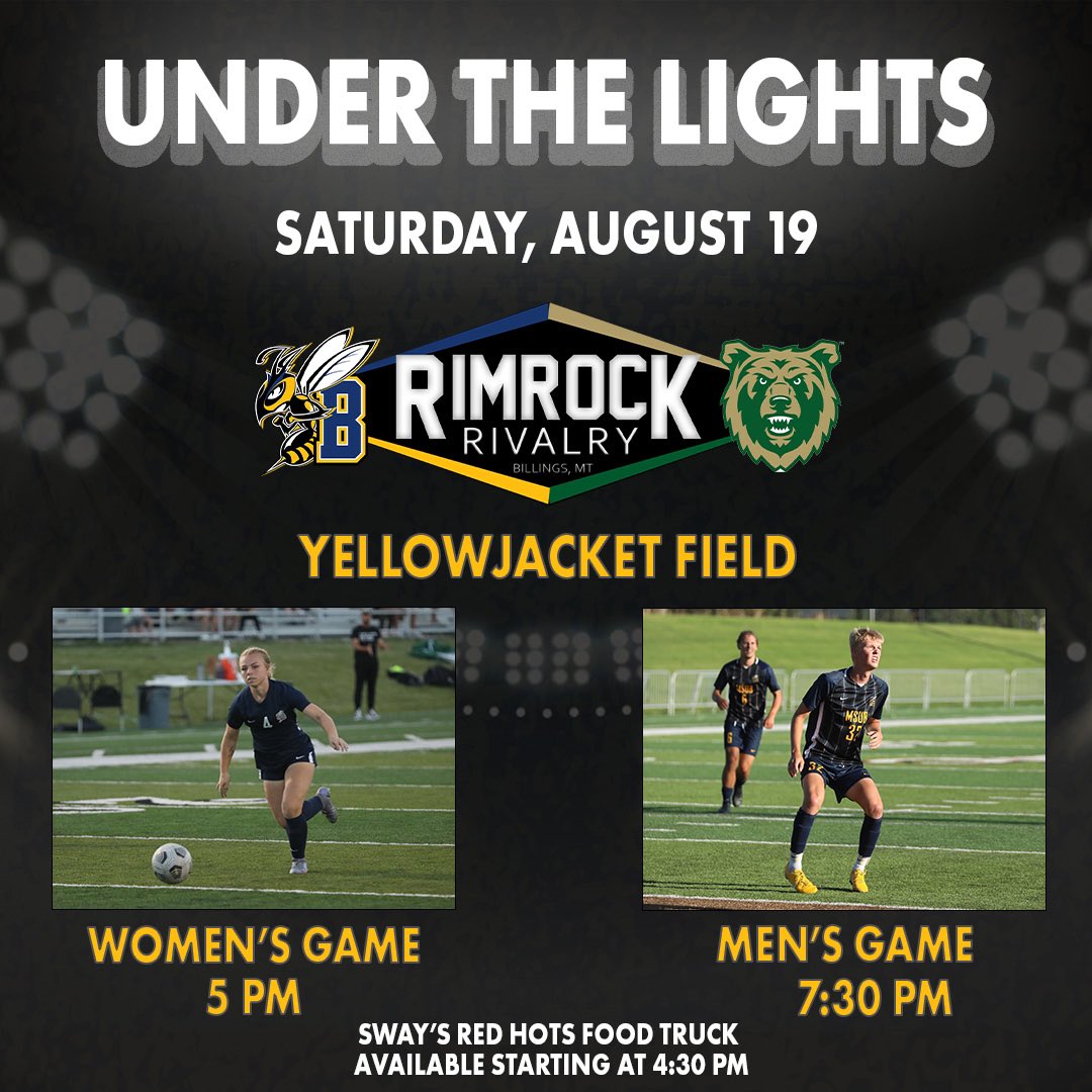 MSUBsports's tweet photo. Under the lights on the new turf for the Rimrock Rivalry‼️

See you at Yellowjacket Field on Saturday night🤝

#MSUBWSOC | #MSUBMSOC https://t.co/sP2A3pcReo