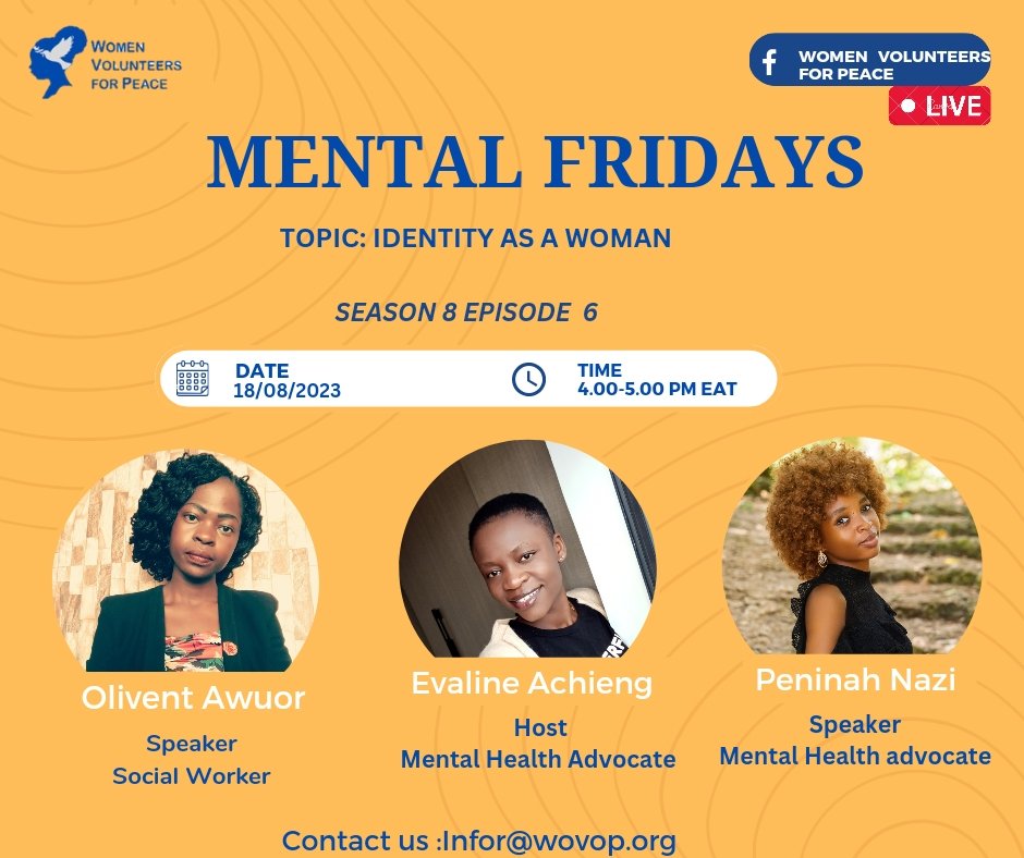Have you had questions about your identity as a woman? Join me tomorrow live with <a href="/WOVOP_org/">Women Volunteers for peace (WOVOP)</a> to expound on the topic: IDENTITY AS A WOMAN. Don't miss out! #mentalhealth 
<a href="/GirlsActionFor1/">GirlsActionForChange. Ke</a> 
<a href="/WOVOP_org/">Women Volunteers for peace (WOVOP)</a>
